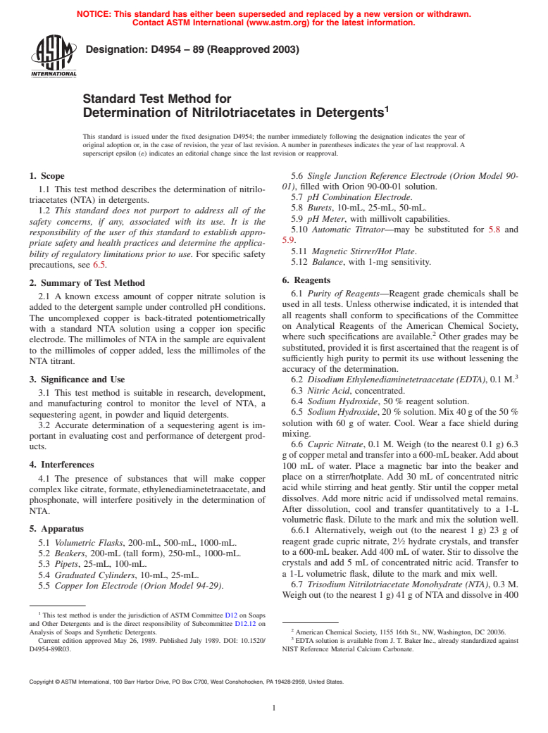 ASTM D4954-89(2003) - Standard Test Method for Determination of Nitrilotriacetates in Detergents