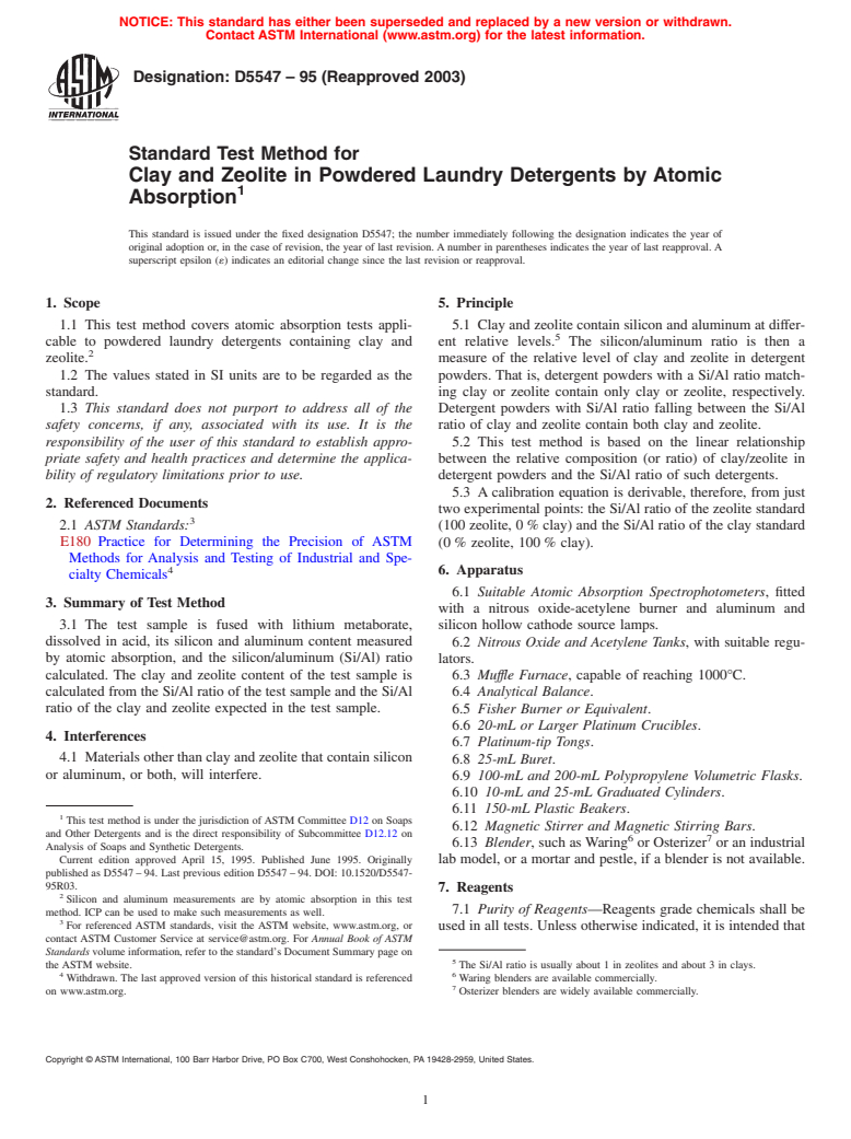 ASTM D5547-95(2003) - Standard Test Method for Clay and Zeolite in Powdered Laundry Detergents by Atomic Absorption