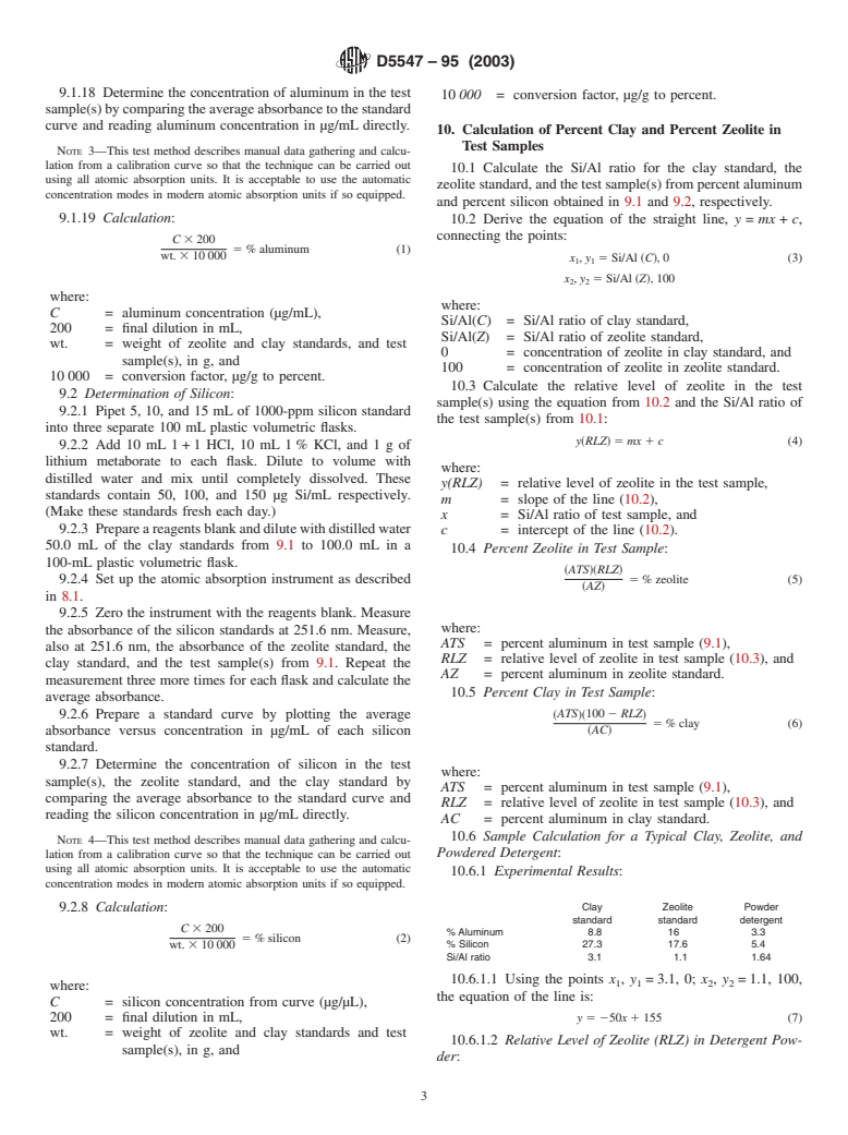 ASTM D5547-95(2003) - Standard Test Method for Clay and Zeolite in Powdered Laundry Detergents by Atomic Absorption