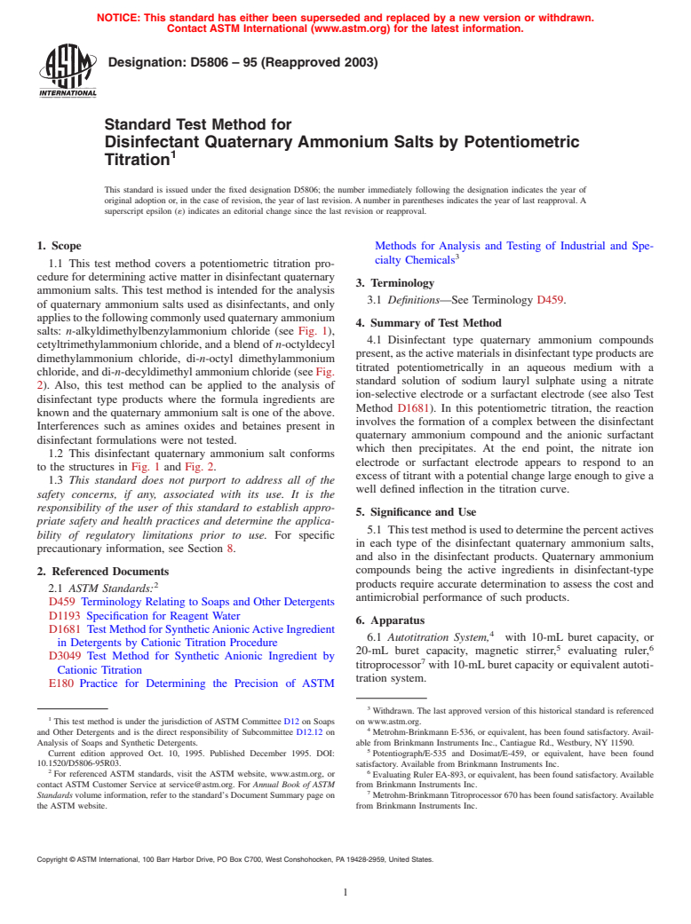 ASTM D5806-95(2003) - Standard Test Method for Disinfectant Quaternary Ammonium Salts by Potentiometric Titration