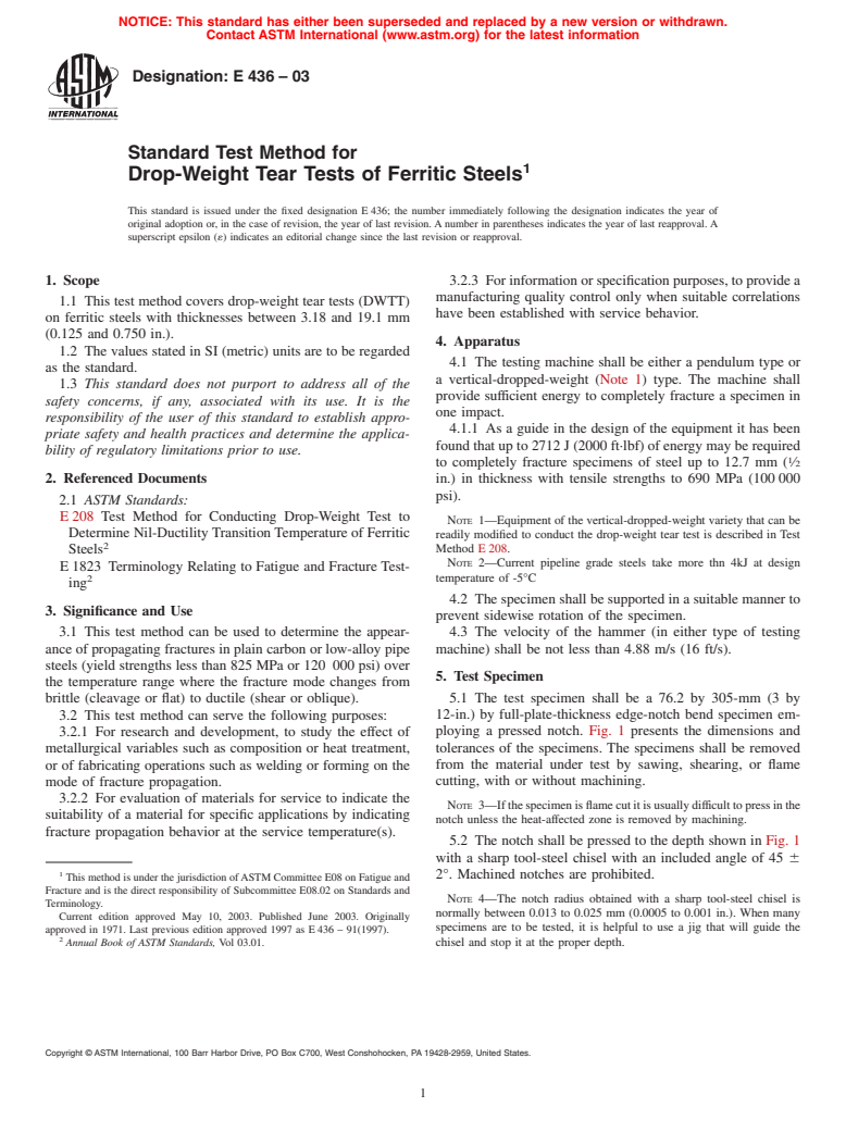 ASTM E436-03 - Standard Test Method for Drop-Weight Tear Tests of Ferritic Steels