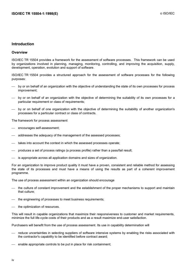 ISO/IEC TR 15504-1:1998 ISO/IEC TR 15504-1:1998 - Information technology -- Software process assessment - Page 4 preview