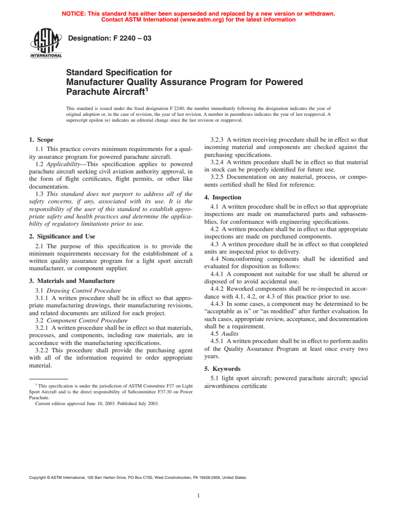 ASTM F2240-03 - Standard Specification for Manufacturer Quality Assurance Program for Powered Parachute Aircraft