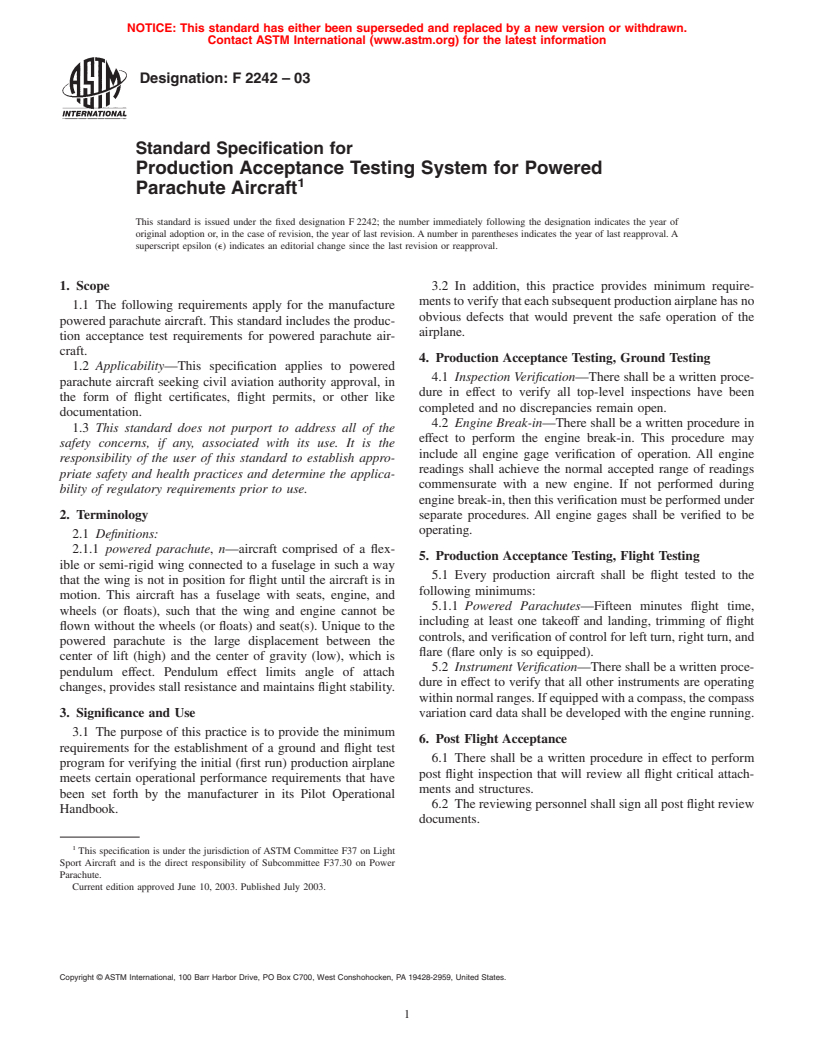 ASTM F2242-03 - Standard Specification for Production Acceptance Testing System for Powered Parachute Aircraft