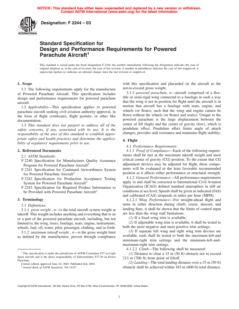 ASTM F2244-03 - Standard Specification for Design and Performance Requirements for Powered Parachute Aircraft