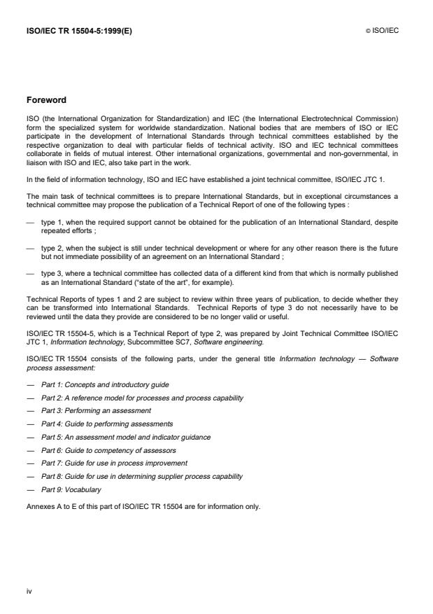 ISO/IEC TR 15504-5:1999 ISO/IEC TR 15504-5:1999 - Information technology -- Software Process Assessment - Page 4 preview