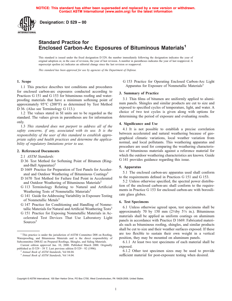 ASTM D529-00 - Standard Practice for Enclosed Carbon-Arc Exposures of Bituminous Materials