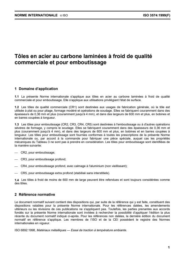 ISO 3574:1999 - Tôles en acier au carbone laminées a froid de qualité commerciale et pour emboutissage