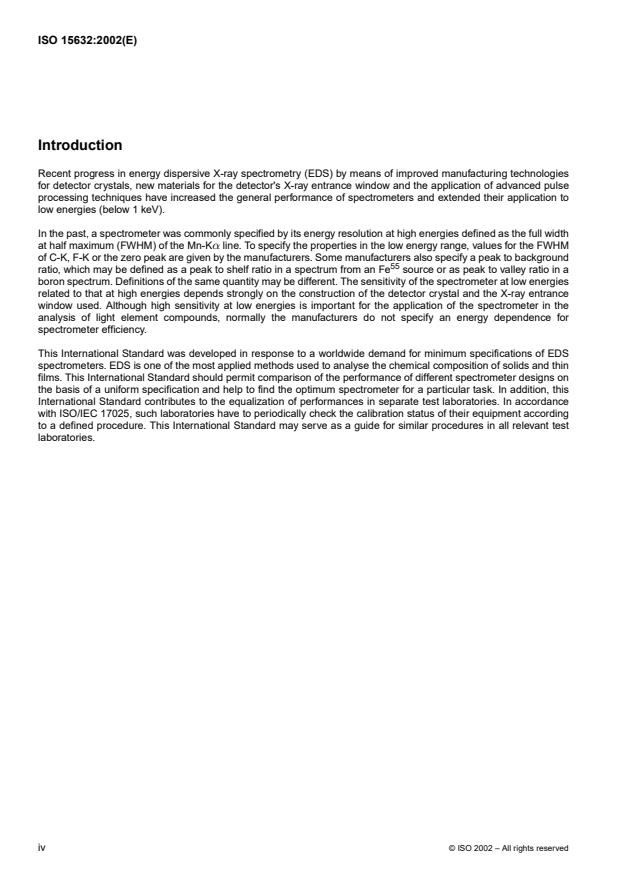 ISO 15632:2002 ISO 15632:2002 - Microbeam analysis -- Instrumental specification for energy dispersive X-ray spectrometers with semiconductor detectors - Page 4 preview