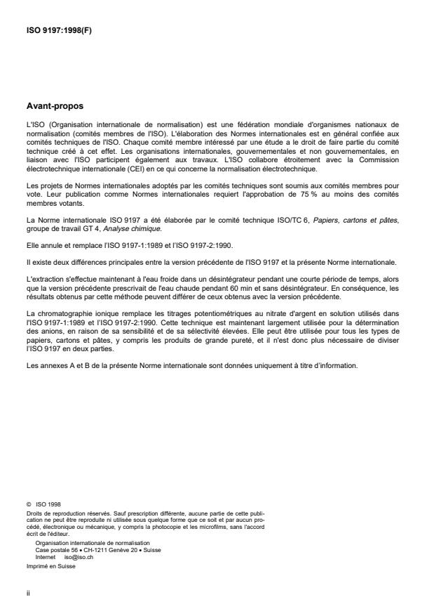 ISO 9197:1998 ISO 9197:1998 - Papier, carton et pâtes -- Détermination des chlorures solubles dans l'eau - Page 2 preview