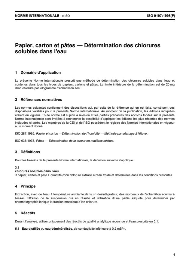 ISO 9197:1998 - Papier, carton et pâtes -- Détermination des chlorures solubles dans l'eau
