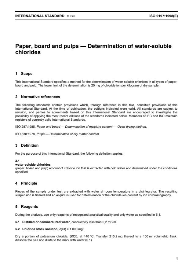 ISO 9197:1998 - Paper, board and pulps -- Determination of water-soluble chlorides