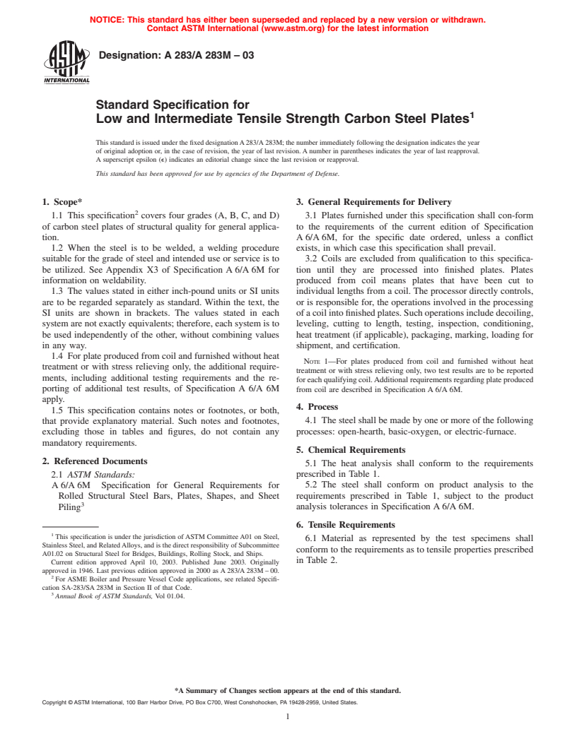 ASTM A283/A283M-03 - Standard Specification for Low and Intermediate Tensile Strength Carbon Steel Plates