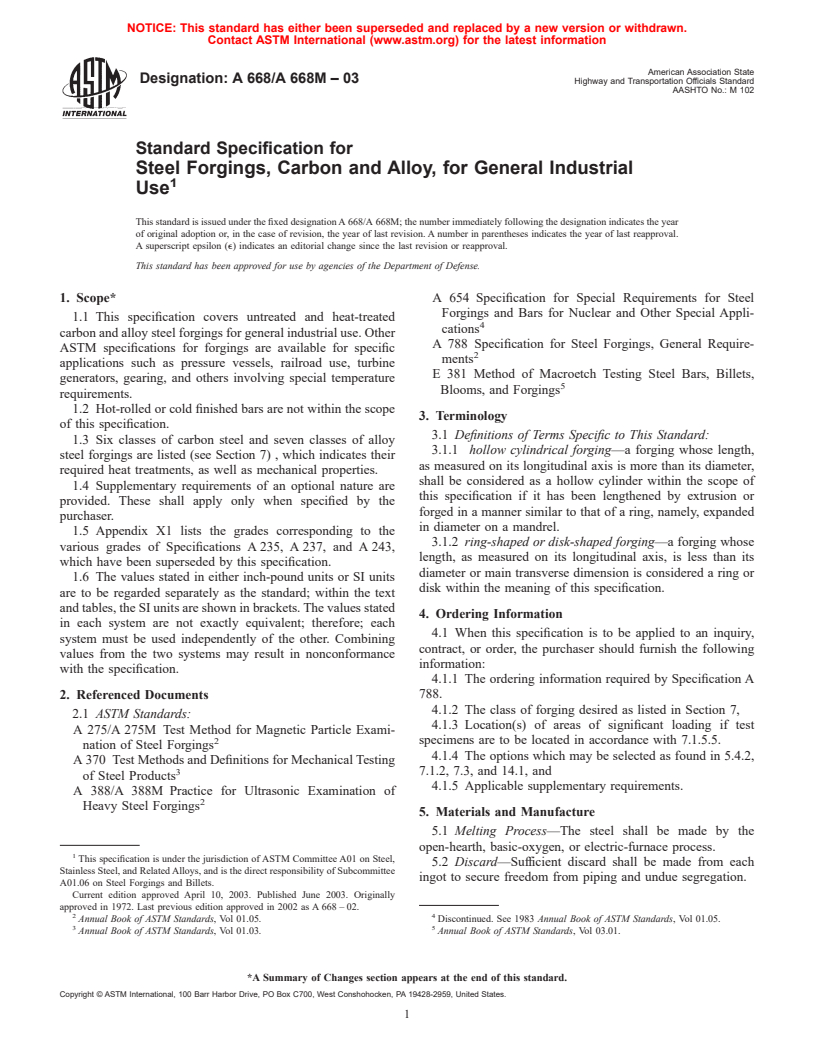 ASTM A668/A668M-03 - Standard Specification for Steel Forgings, Carbon and Alloy, for General Industrial Use