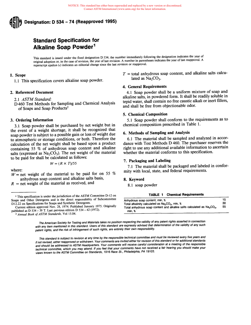 ASTM D534-74(1995) - Standard Specification for Alkaline Soap Powder (Withdrawn 2000)