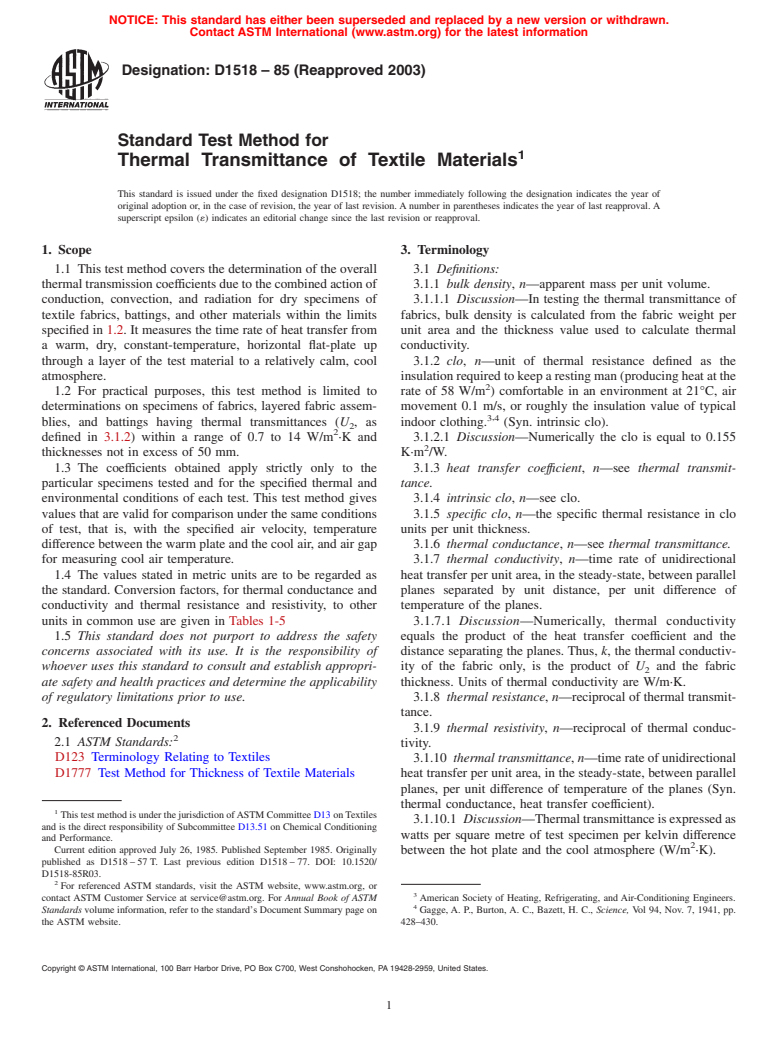 ASTM D1518-85(2003) - Standard Test Method for Thermal Transmittance of Textile Materials