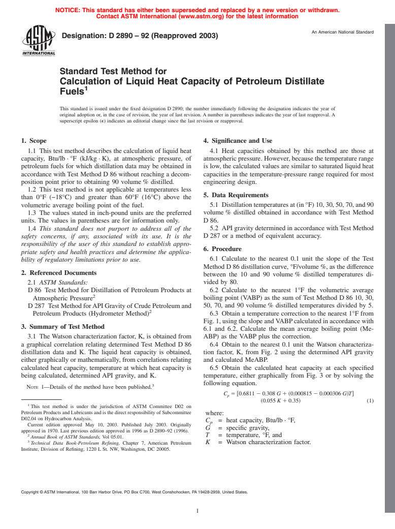 ASTM D2890-92(2003) - Standard Test Method for Calculation of Liquid Heat Capacity of Petroleum Distillate Fuels