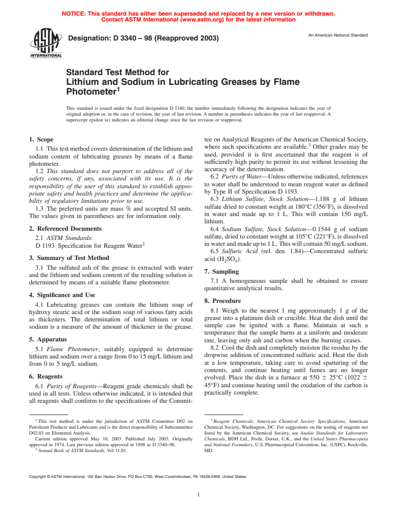 ASTM D3340-98(2003) - Standard Test Method for Lithium and Sodium in Lubricating Greases by Flame Photometer