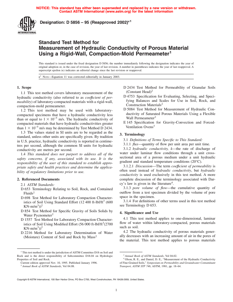 ASTM D5856-95(2002)e1 - Standard Test Method for Measurement of Hydraulic Conductivity of Porous Material Using a Rigid-Wall, Compaction-Mold Permeameter