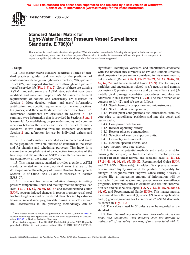 ASTM E706-02 - Standard Master Matrix for Light-Water Reactor Pressure Vessel Surveillance Standards, E706(0) (Withdrawn 2011)