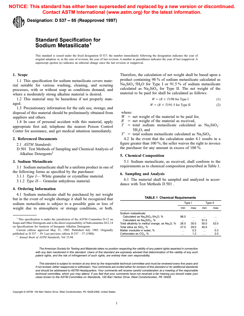 ASTM D537-85(1997) - Standard Specification for Sodium Metasilicate (Withdrawn 2001)