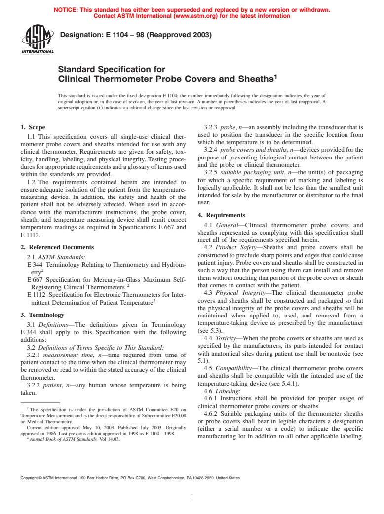 ASTM E1104-98(2003) - Standard Specification for Clinical Thermometer Probe Covers and Sheaths