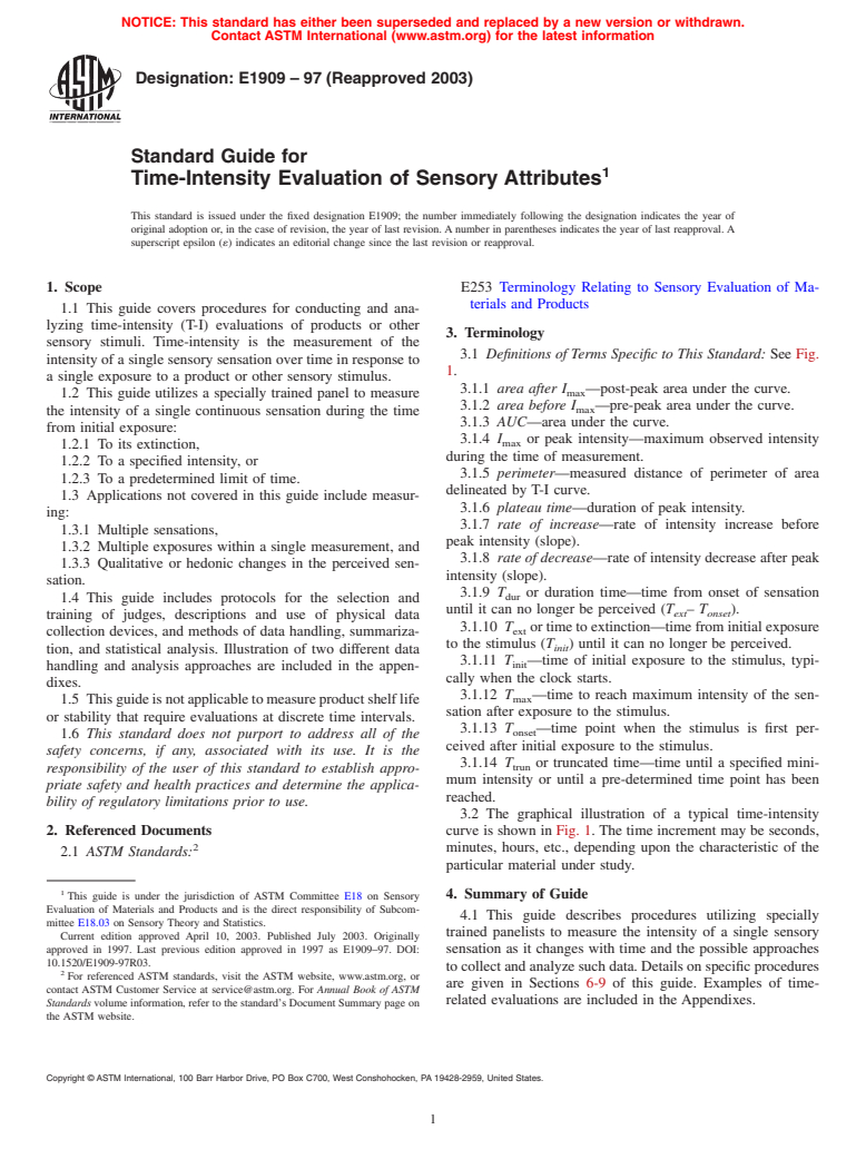 ASTM E1909-97(2003) - Standard Guide for Time-Intensity Evaluation of Sensory Attributes