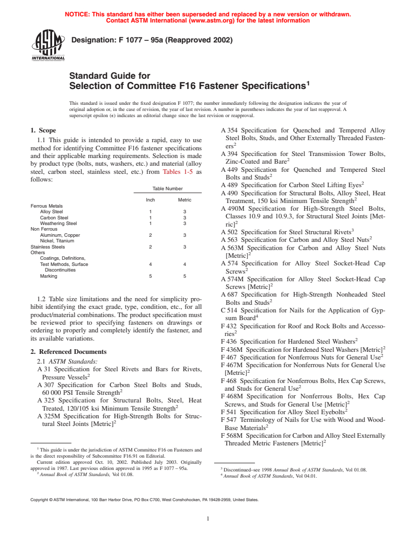 ASTM F1077-95a(2002) - Standard Guide for Selection of Committee F16 Fastener Specifications