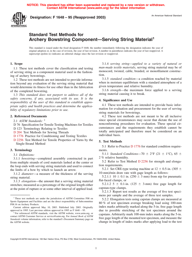 ASTM F1648-95(2003) - Standard Test Methods for Archery Bowstring Component-Serving String Material