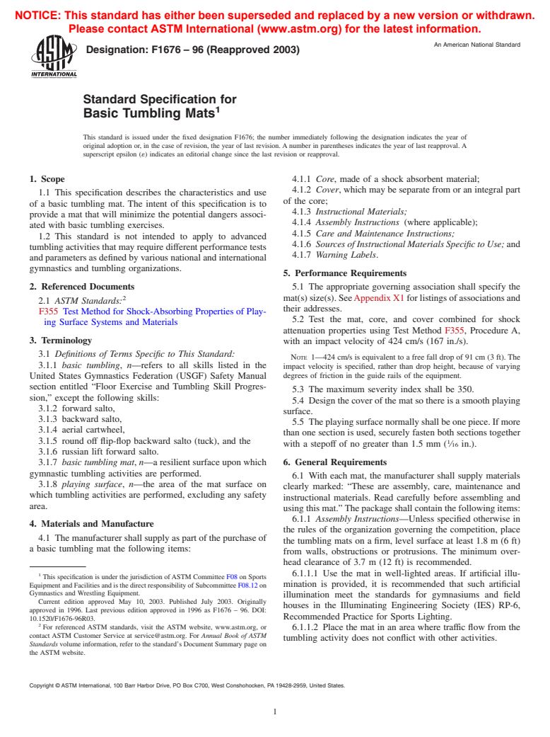 ASTM F1676-96(2003) - Standard Specification for Basic Tumbling Mats (Withdrawn 2010)