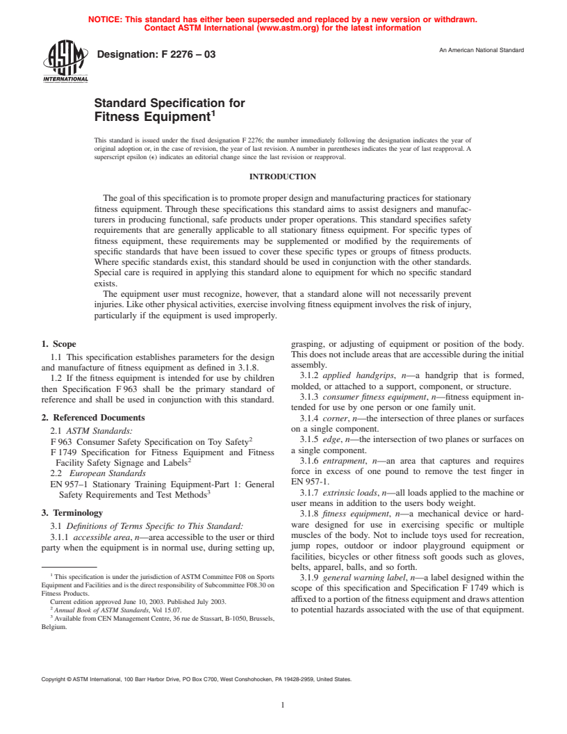 ASTM F2276-03 - Standard Specification for Fitness Equipment