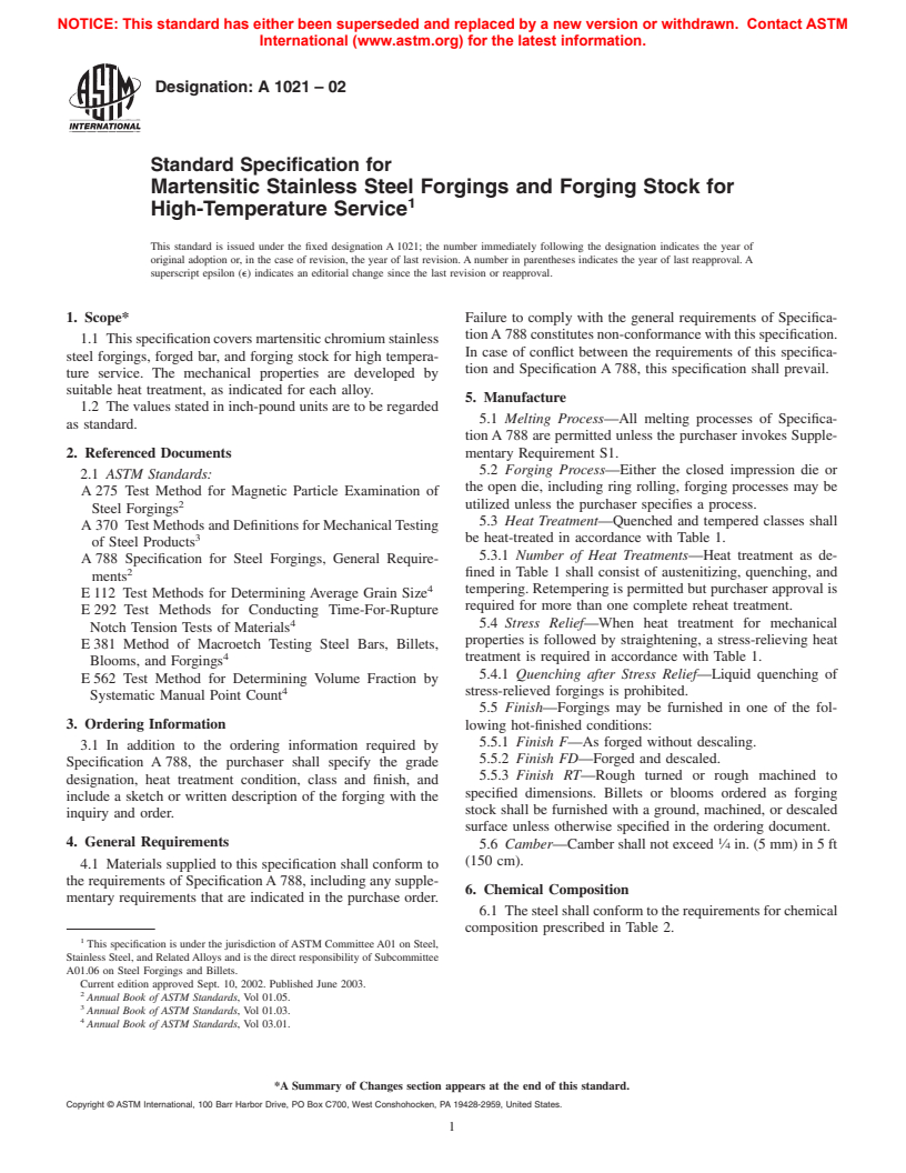 ASTM A1021-02 - Standard Specification for Martensitic Stainless Steel Forgings and Forging Stock for High-Temperature Service