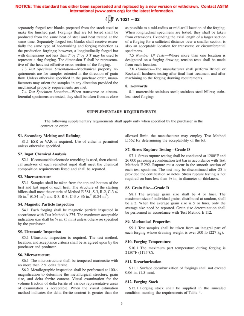 ASTM A1021-02 - Standard Specification for Martensitic Stainless Steel Forgings and Forging Stock for High-Temperature Service