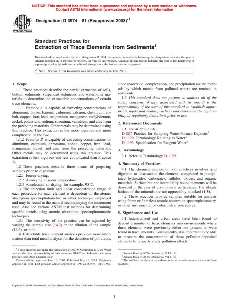 ASTM D3974-81(2003)e1 - Standard Practices for Extraction of Trace Elements from Sediments