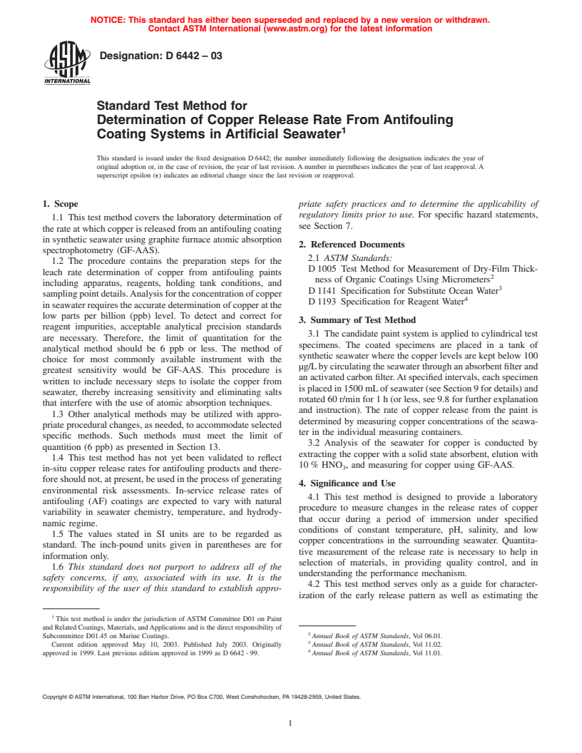 ASTM D6442-03 - Standard Test Method for Determination of Copper Release Rate From Antifouling Coating Systems in Artificial Seawater