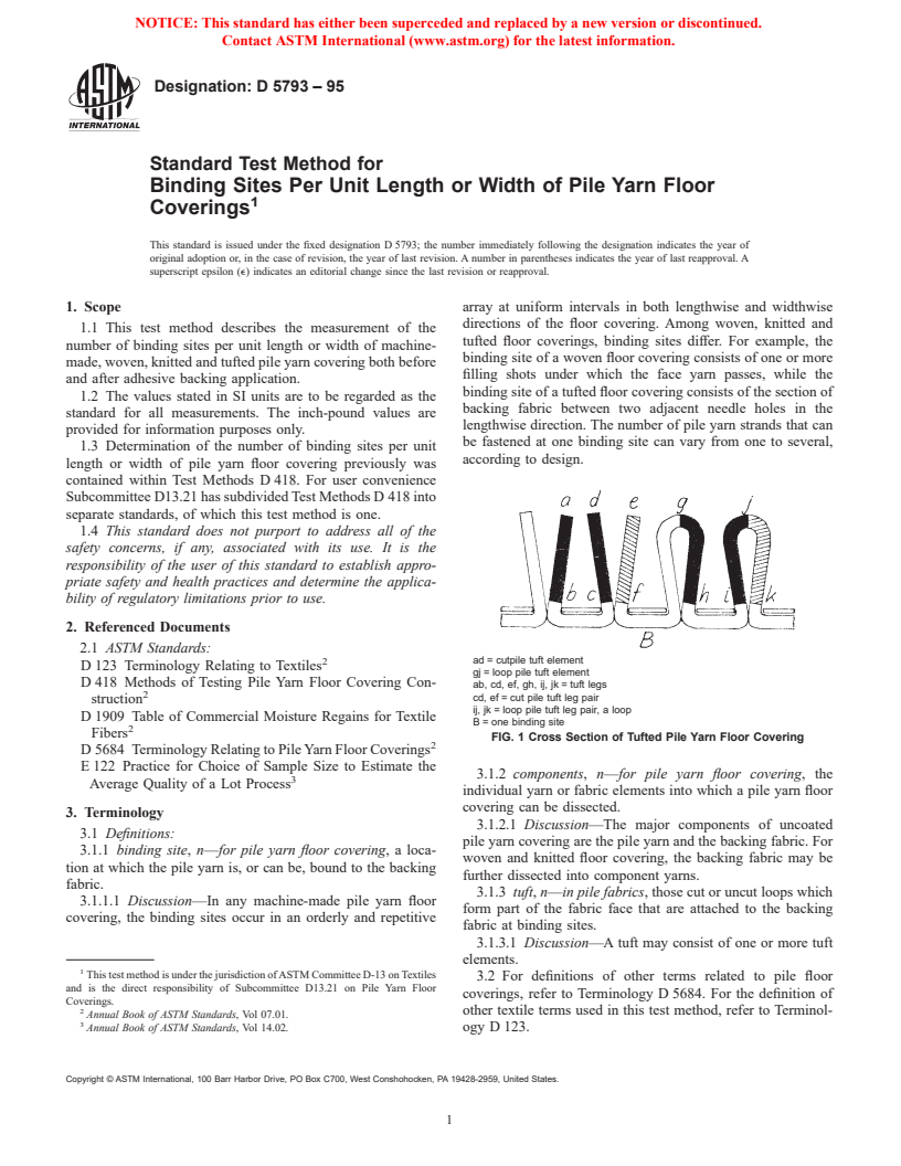 ASTM D5793-95 - Standard Test Method for Binding Sites Per Unit Length or Width of Pile Yarn Floor Coverings