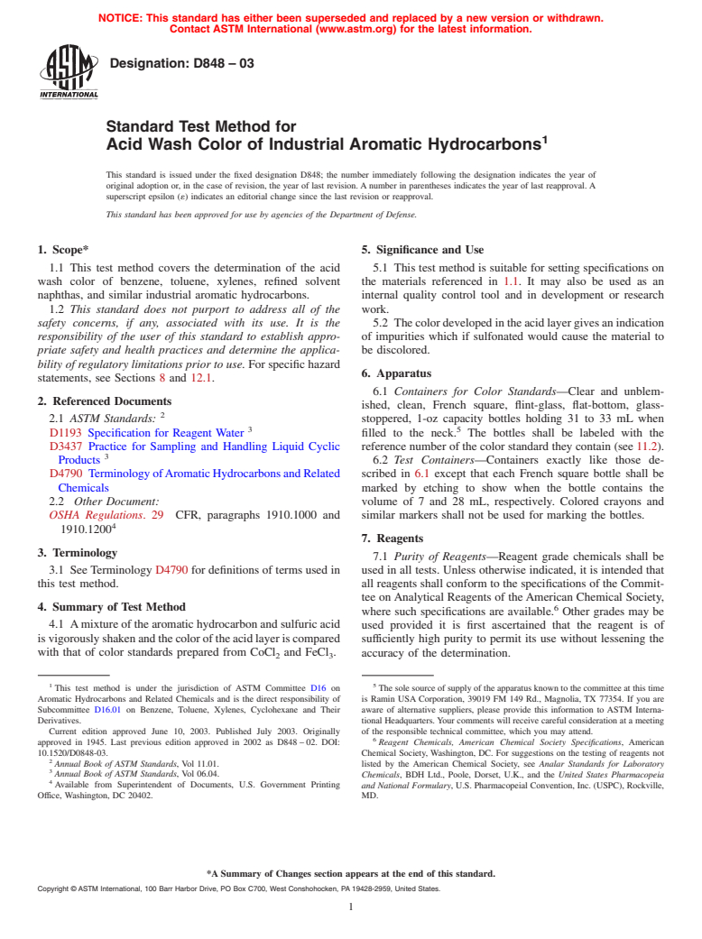 ASTM D848-03 - Standard Test Method for Acid Wash Color of Industrial Aromatic Hydrocarbons