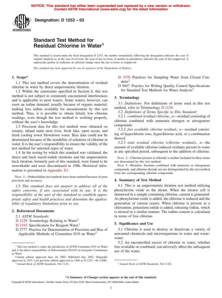 ASTM D1253-03 - Standard Test Method for Residual Chlorine in Water