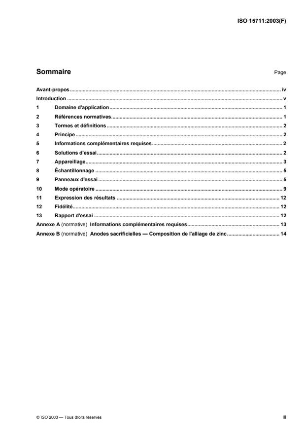 ISO 15711:2003 ISO 15711:2003 - Peintures et vernis -- Détermination de la résistance au décollement cathodique des revetements exposés a l'eau de mer - Page 3 preview