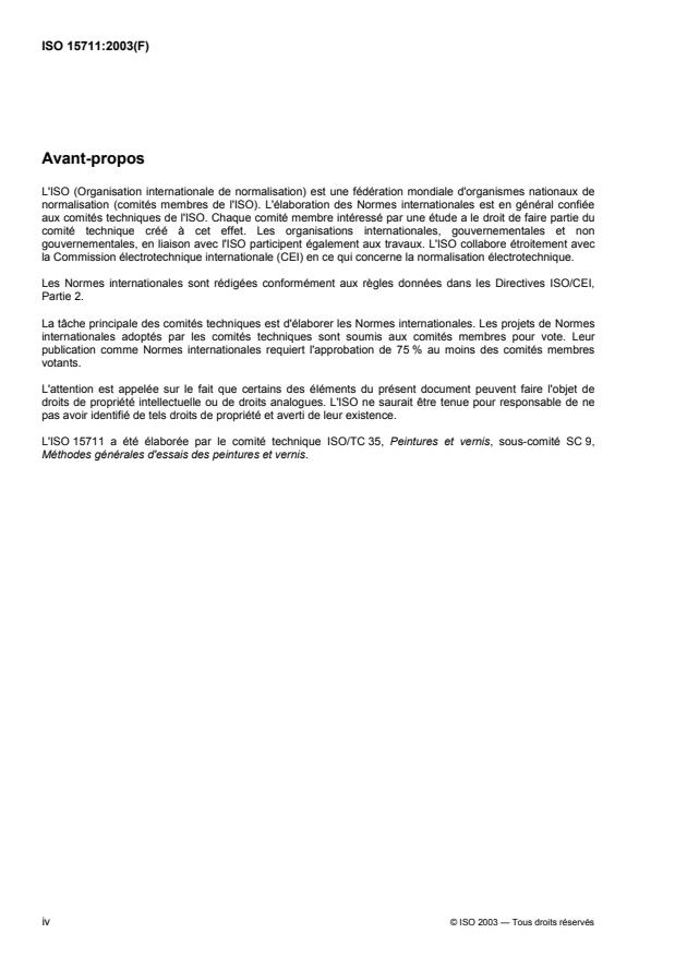 ISO 15711:2003 ISO 15711:2003 - Peintures et vernis -- Détermination de la résistance au décollement cathodique des revetements exposés a l'eau de mer - Page 4 preview
