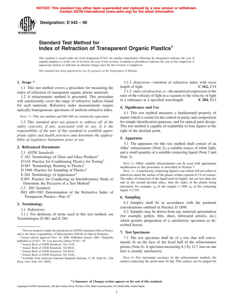 ASTM D542-00 - Standard Test Method for Index of Refraction of Transparent Organic Plastics