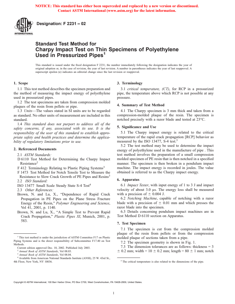 ASTM F2231-02 - Standard Test Method for Charpy Impact Test on Thin Specimens of Polyethylene Used in Pressurized Pipes