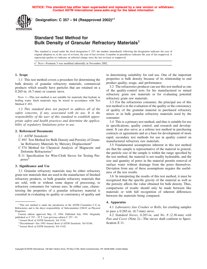 ASTM C357-94(2002)e1 - Standard Test Method for Bulk Density of Granular Refractory Materials