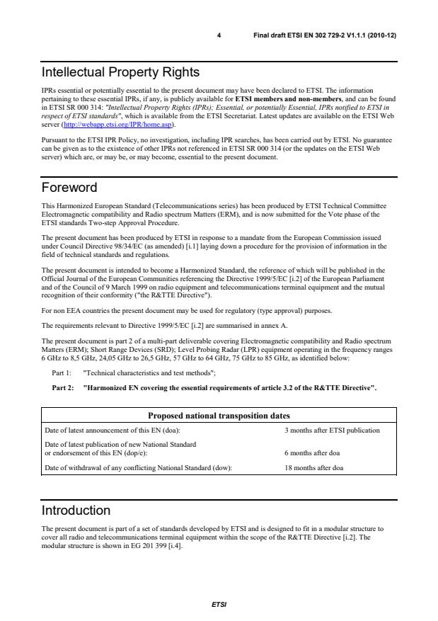 SIST EN 302 729-2 V1.1.2:2011 en_30272902v010101v - Electromagnetic compatibility and Radio spectrum Matters (ERM); Short Range Devices (SRD); Level Probing Radar (LPR) equipment operating in the frequency ranges 6 GHz to 8,5 GHz, 24,05 GHz to 26,5 GHz, 57 GHz to 64 GHz, 75 GHz to 85 GHz; Part 2: Harmonized EN covering the essential requirements of article 3.2 of the R&TTE Directive - Page 4 preview