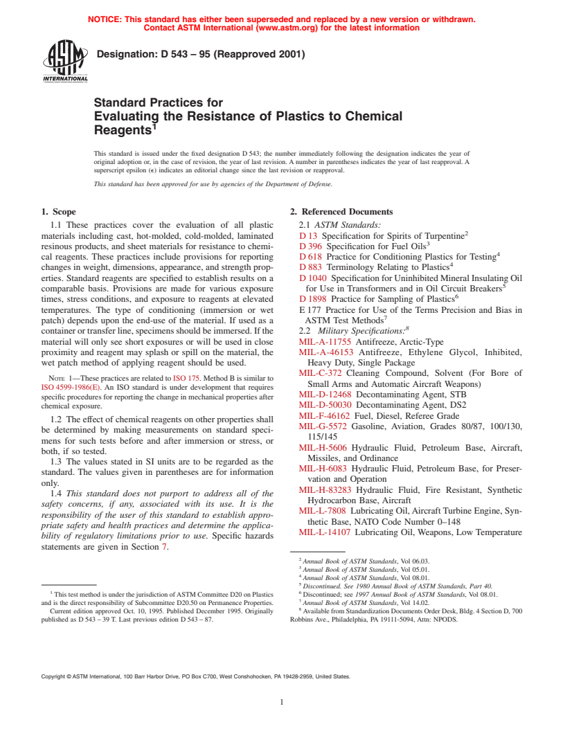 ASTM D543-95(2001) - Standard Practices for Evaluating the Resistance of Plastics to Chemical Reagents