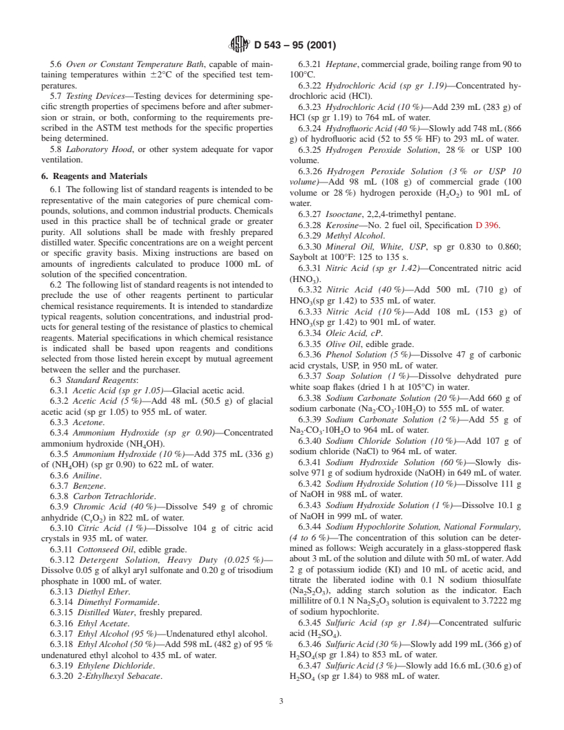 ASTM D543-95(2001) - Standard Practices for Evaluating the Resistance of Plastics to Chemical Reagents