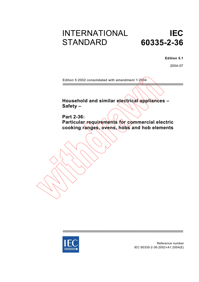 IEC 60335-2-36:2002+AMD1:2004 CSV - Household and similar electrical appliances - Safety - Part 2-36: Particular requirements for commercial electric cooking ranges, ovens, hobs and hob elements
Released:7/8/2004
Isbn:2831875439