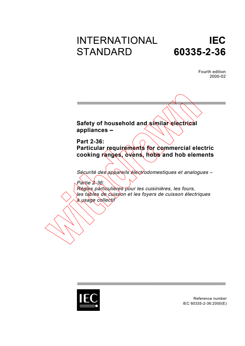 IEC 60335-2-36:2000 - Safety of household and similar electrical appliances - Part 2-36: Particular requirements for commercial electric cooking ranges, ovens, hobs and hob elements
Released:2/29/2000
Isbn:2831851548