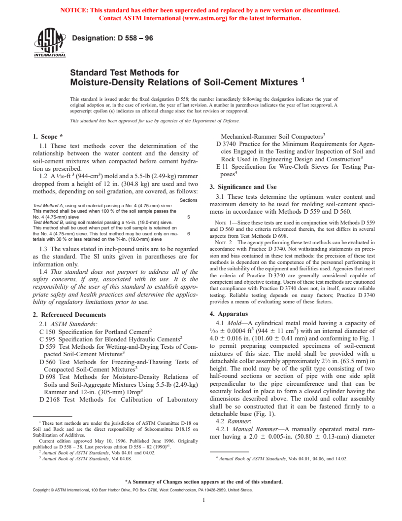 ASTM D558-96 - Standard Test Methods for Moisture-Density Relations of Soil-Cement Mixtures