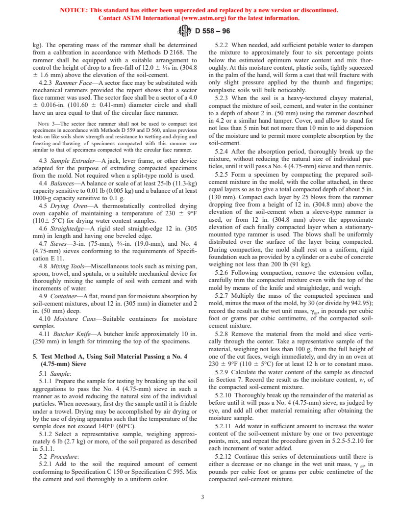 ASTM D558-96 - Standard Test Methods for Moisture-Density Relations of Soil-Cement Mixtures